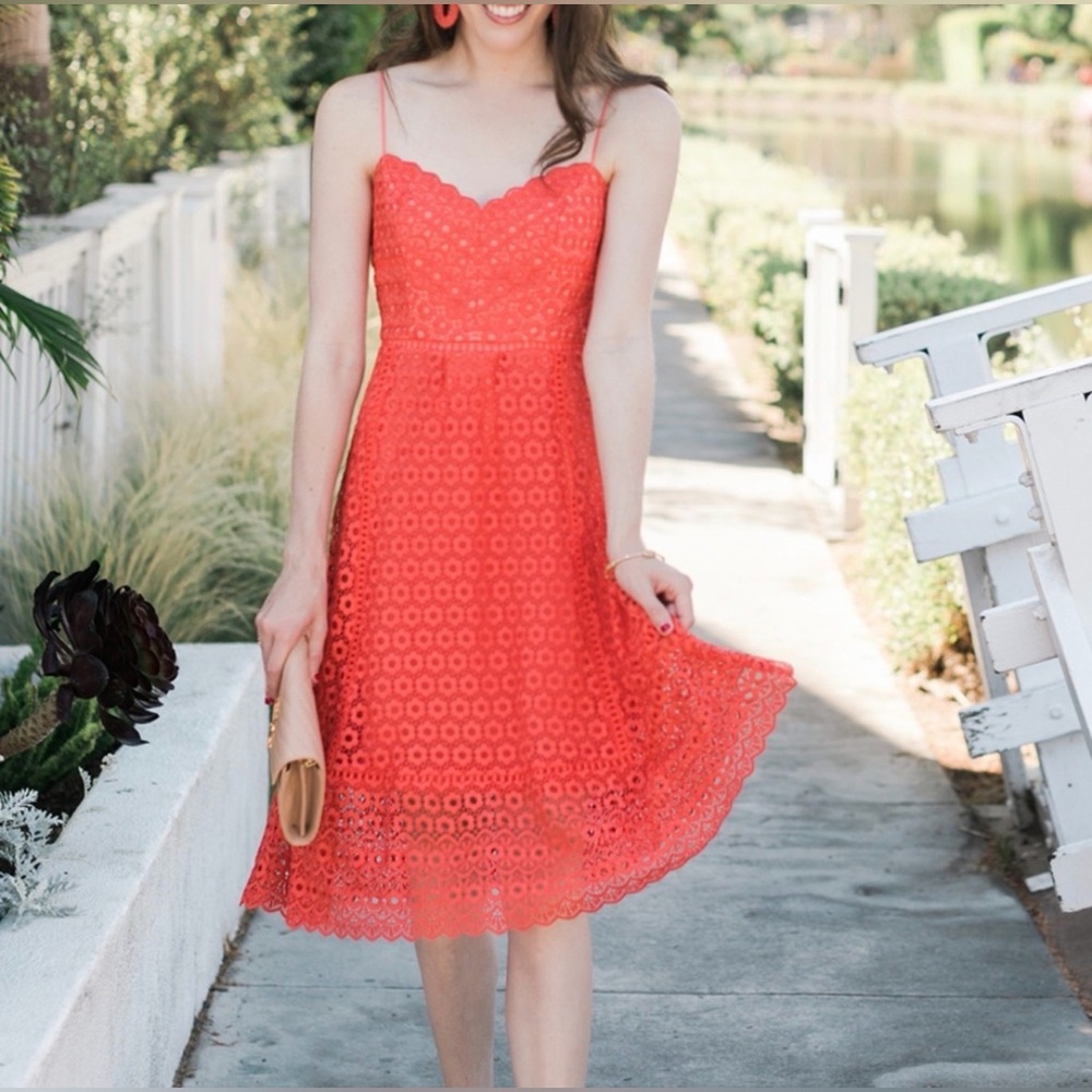 J Crew Daisy Lace Dress XS 00 Orange Coral Midi Fit Flare Sleeveless wedding - Picture 14 of 16